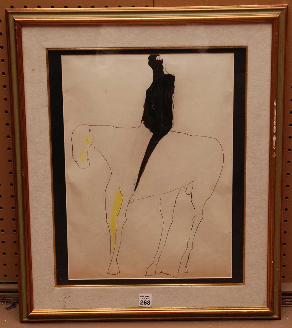 Marino Marini (attrib.) (Italian 1901-1980) horse and: Marino Marini (attrib.) (Italian 1901-1980) horse and rider gouache and ink on paper signed size 19 ï¾¼ x 15 ï¾½ï¾“