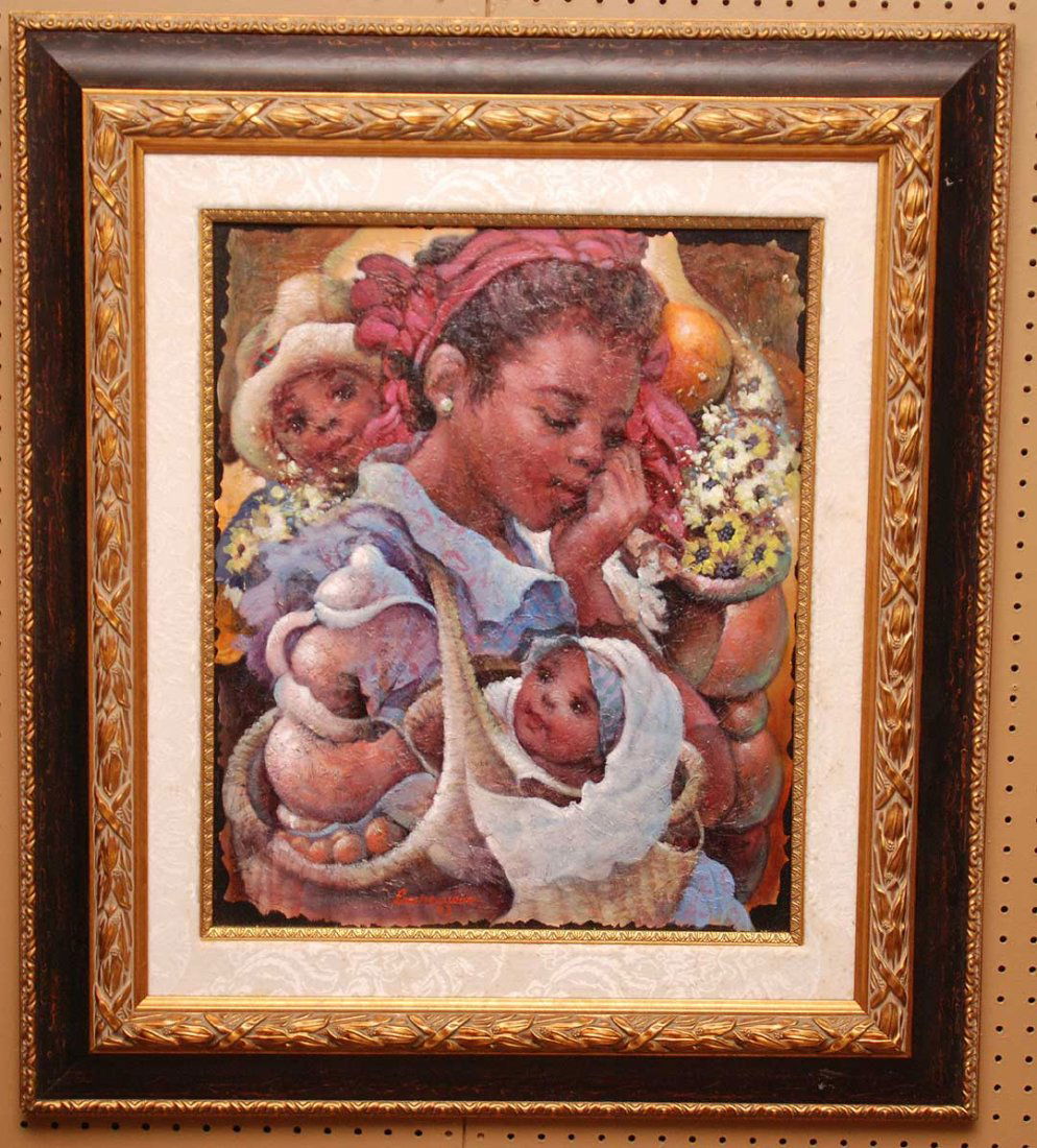 Lionel Laurenceau (Haitian 20th century) oil on canvas: Lionel Laurenceau (Haitian 20th century) oil on canvas "Amour Maternel" canvas size 20" x 24" signed front and reverse
