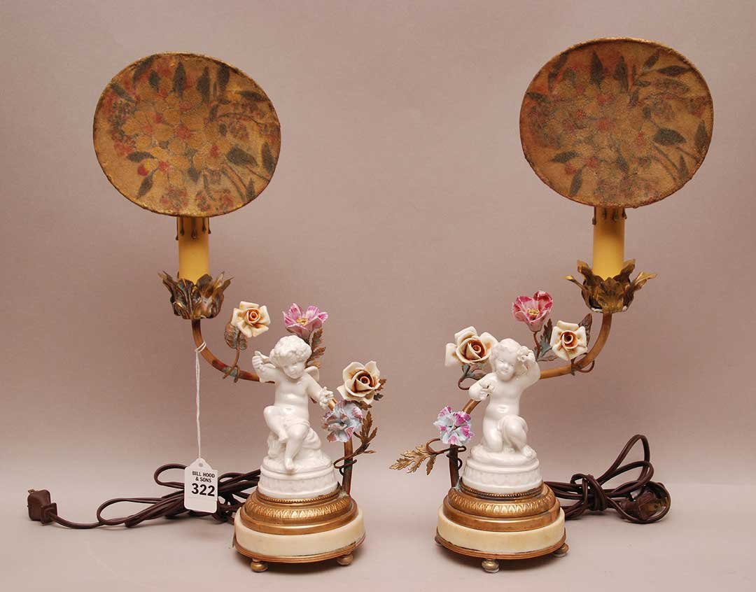 Pair Dresden figural boudoir lamps with vintage shades: Pair Dresden figural boudoir lamps with vintage shades 15"h (overall) (minor normal wear)