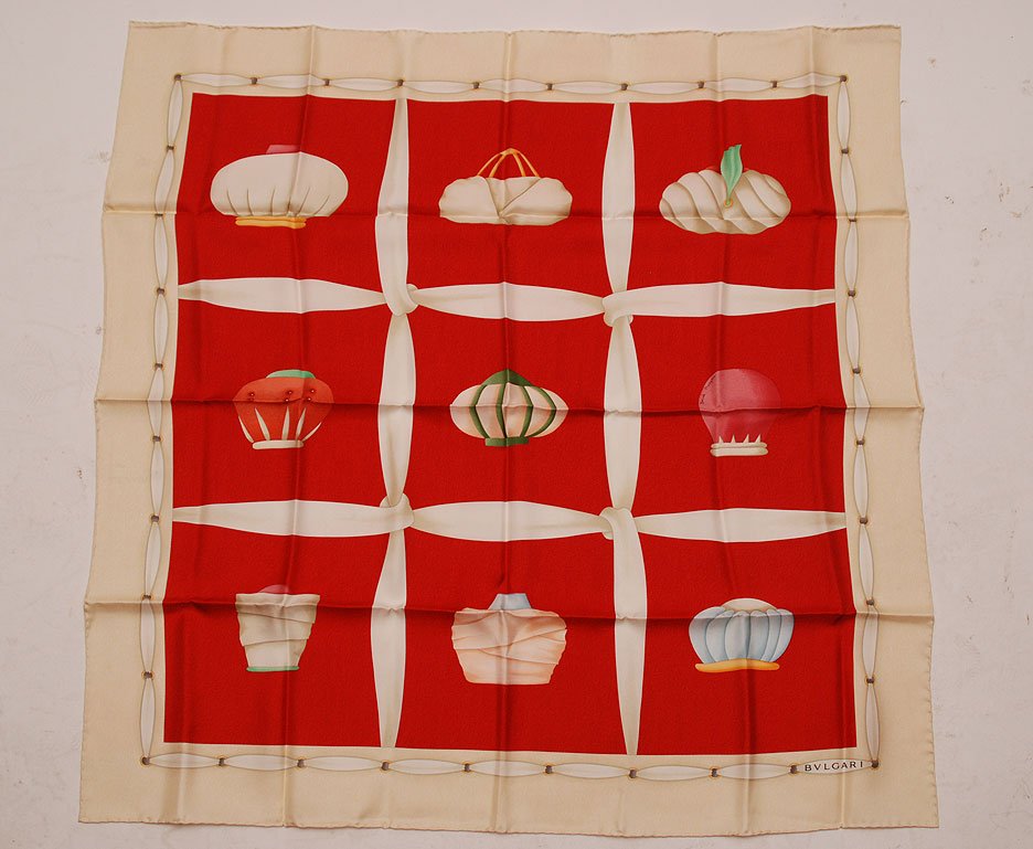 Bvlgari scarf ivory border with red interior signed: Bvlgari scarf ivory border with red interior signed Davide Pizzigoni Bvlgari label (good condition)