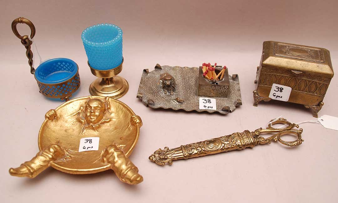 Lot 6 Pieces of Antique Brass. Figural Ash Tray Dia: Lot 6 Pieces of Antique Brass. Figural Ash Tray Dia 6". Brass Scissors Lth. 8 1/2". Brass Box Ht. 3 3/4" Figural Match Holder w/ dog. Lth 6 1/2". Two Pieces with blue opaline glass liners taller Ht. 5