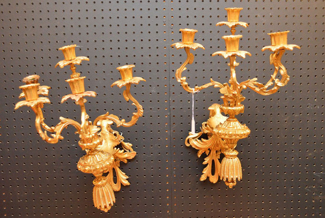 Pair French Dore bronze 5 light wall sconces: Pair French Dore bronze 5 light wall sconces