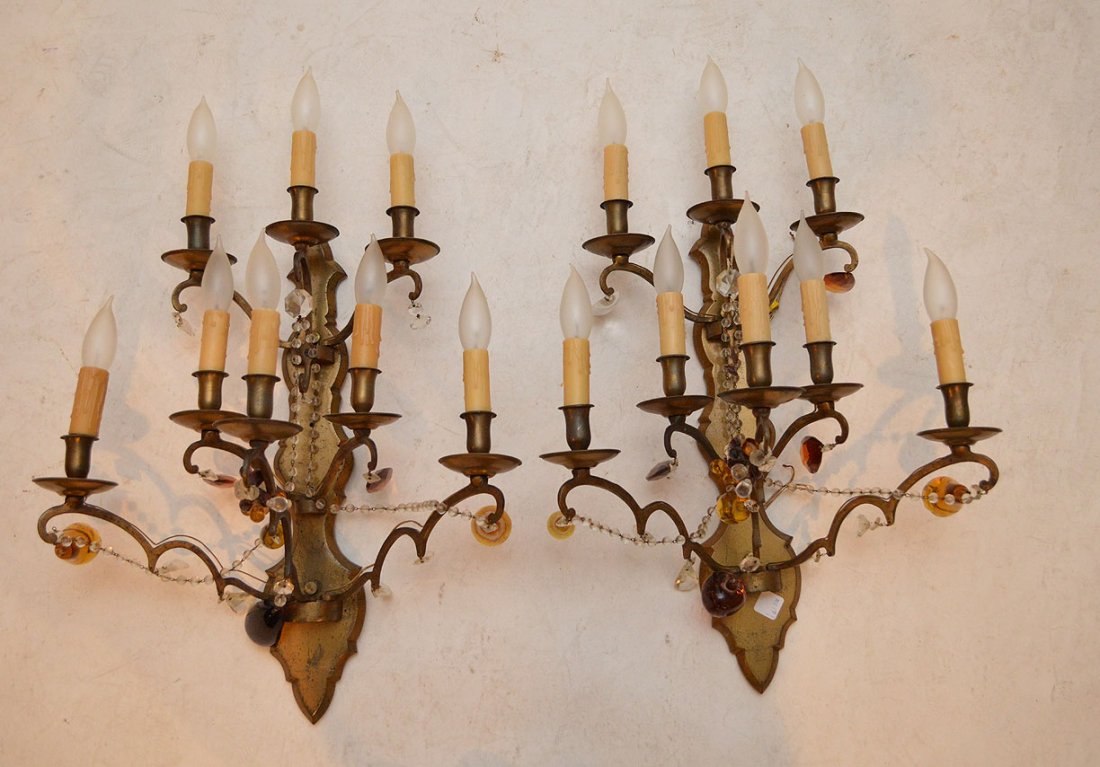 Pair 2 tier brass and crystal wall sconces: Pair 2 tier brass and crystal wall sconces