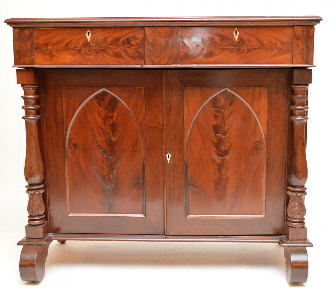Mahogany 19th c. cabinet, 2 side by side drawers over: Mahogany 19th c. cabinet, 2 side by side drawers over recessed cabinet doors, all with inlaid escutcheons, 29"h x 44"w x 20"d