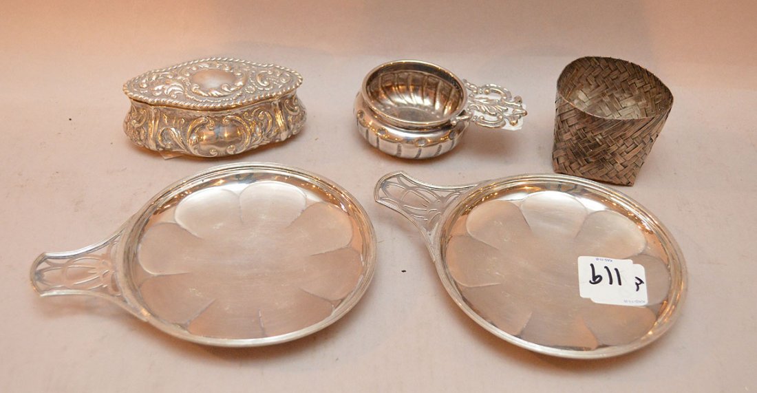 Lot of 5 pieces of sterling, incl; covered jewel box,: Lot of 5 pieces of sterling, incl; covered jewel box, coin faster, woven Mexican mini basket and 2 Mapin & Web sterling candy dishes