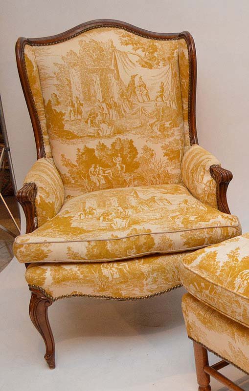 Matching wingback chair with darker wood frame: Matching wingback chair with darker wood frame