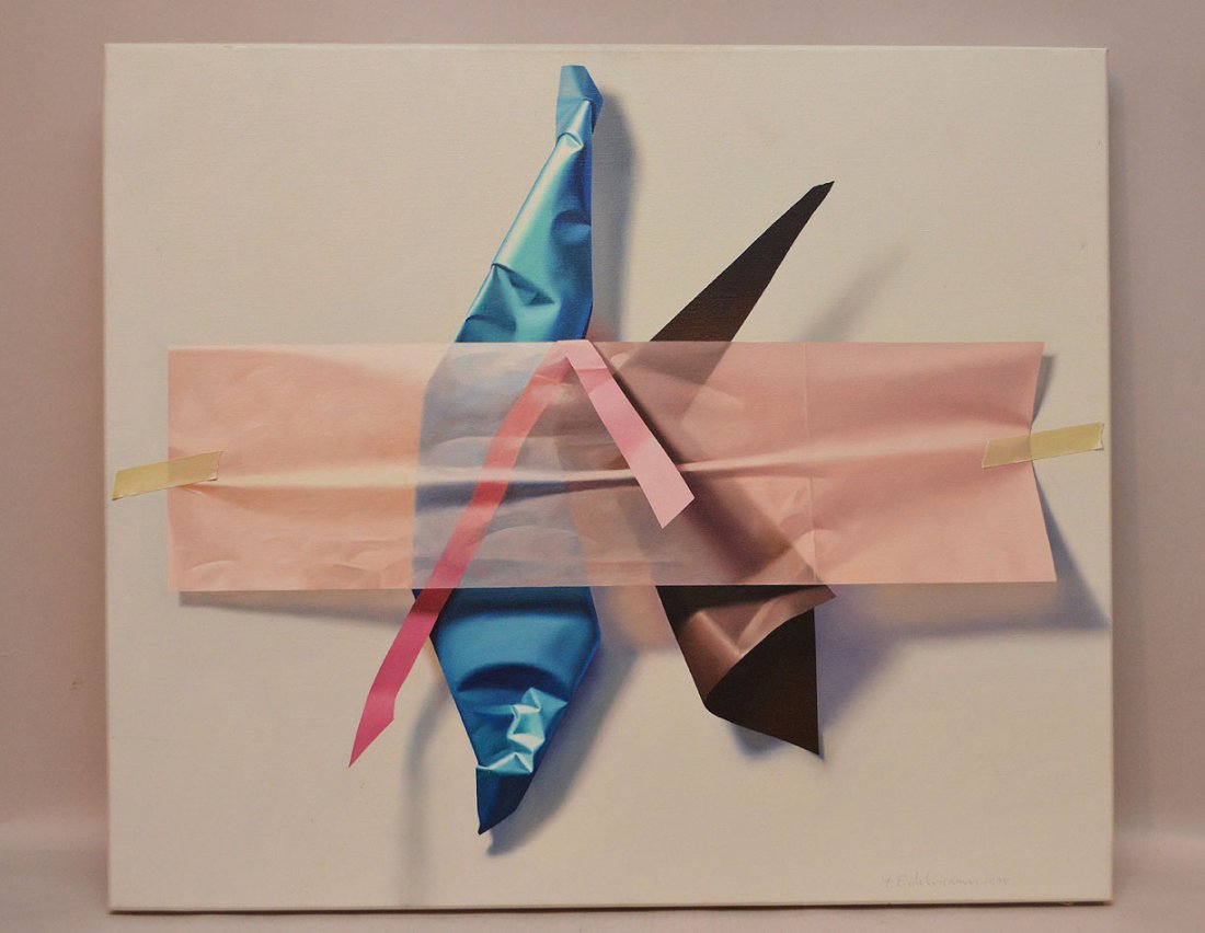Yrjo Edelmann (b.1941 Finland) Realistic Painter: Oil: Yrjo Edelmann (b.1941 Finland) Realistic Painter: Oil on Canvas, "Pink Floating Transparent and Taped" 1993. Signed Lower Right, size: 23ï¾½" x 27 1/2", Wrapped canvas no frame, Provenance: Artist 