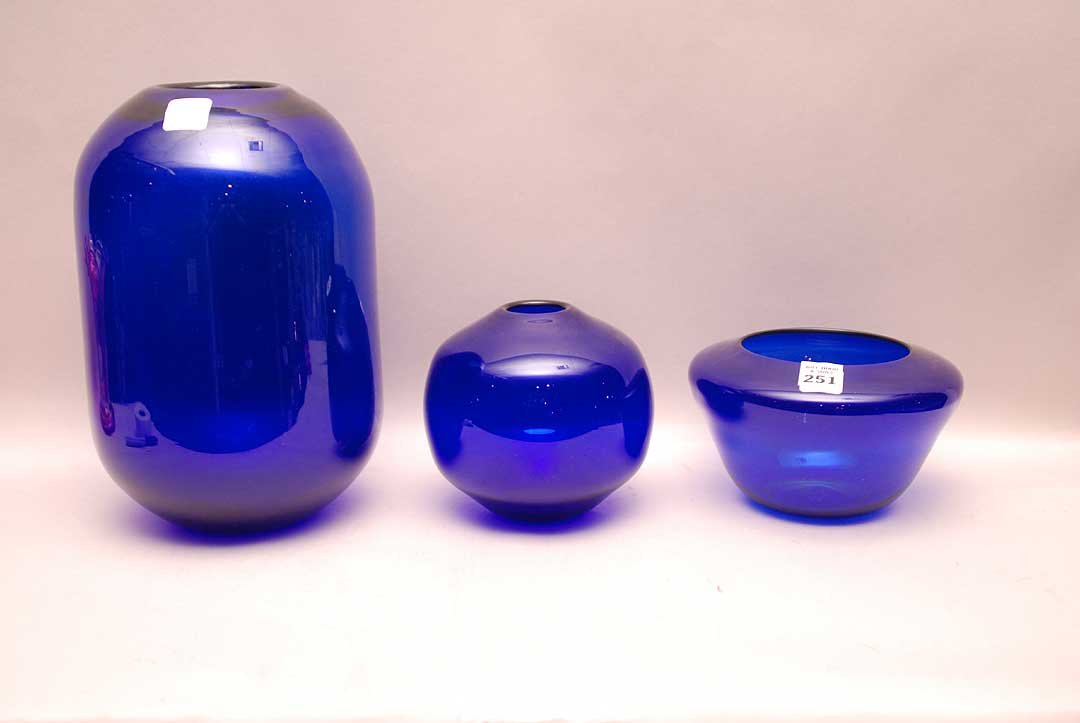 3 pieces of cobalt studio glass, signed Warren, 11 1/2h: 3 pieces of cobalt studio glass, signed Warren, 11 1/2h (largest)