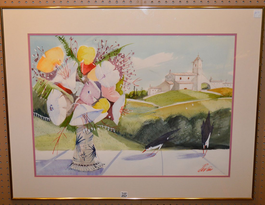 Charles Levier (France 1920 - 2003) Watercolor,: Charles Levier (France 1920 - 2003) Watercolor, Flowers with church, 21" x 29"