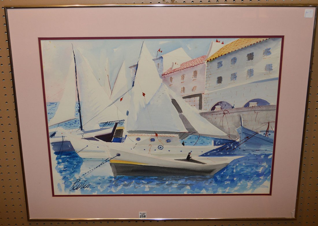 Charles Levier (France 1920 - 2003) Watercolor,: Charles Levier (France 1920 - 2003) Watercolor, Sailboats in harbor, 21" x 29"