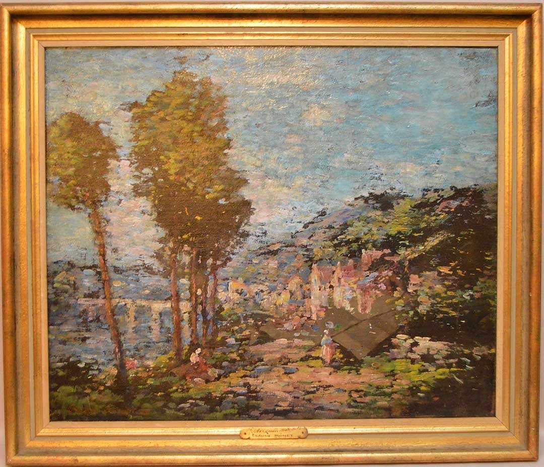 AFTER, Claude Monet, French (1840-1926) Oil on Canvas: AFTER, Claude Monet, French (1840-1926) Oil on Canvas "Avignon" Signed Lower Left. Brass Tag affixed to Frame "Avignon Claude Monet. Measures 25 Inches by 30 Inches