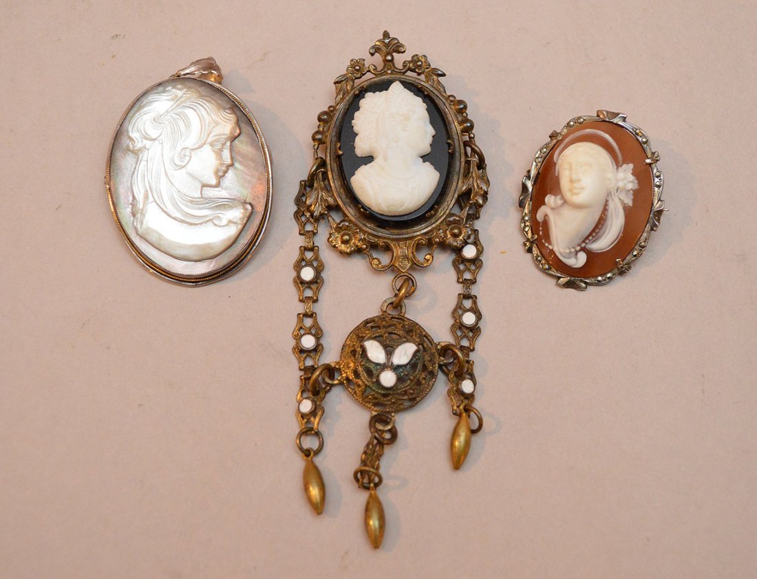3 vintage cameos, including, abalone and marcasite: 3 vintage cameos, including, abalone and marcasite inset (abalone 1 3/4"h)