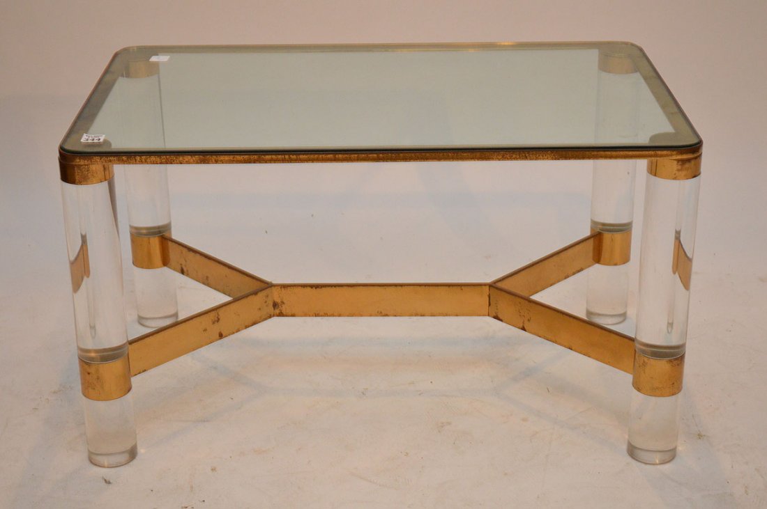 Mid-century coffee table, lucite and brass trim, 17"h x: Mid-century coffee table, lucite and brass trim, 17"h x 30"w x 16"d