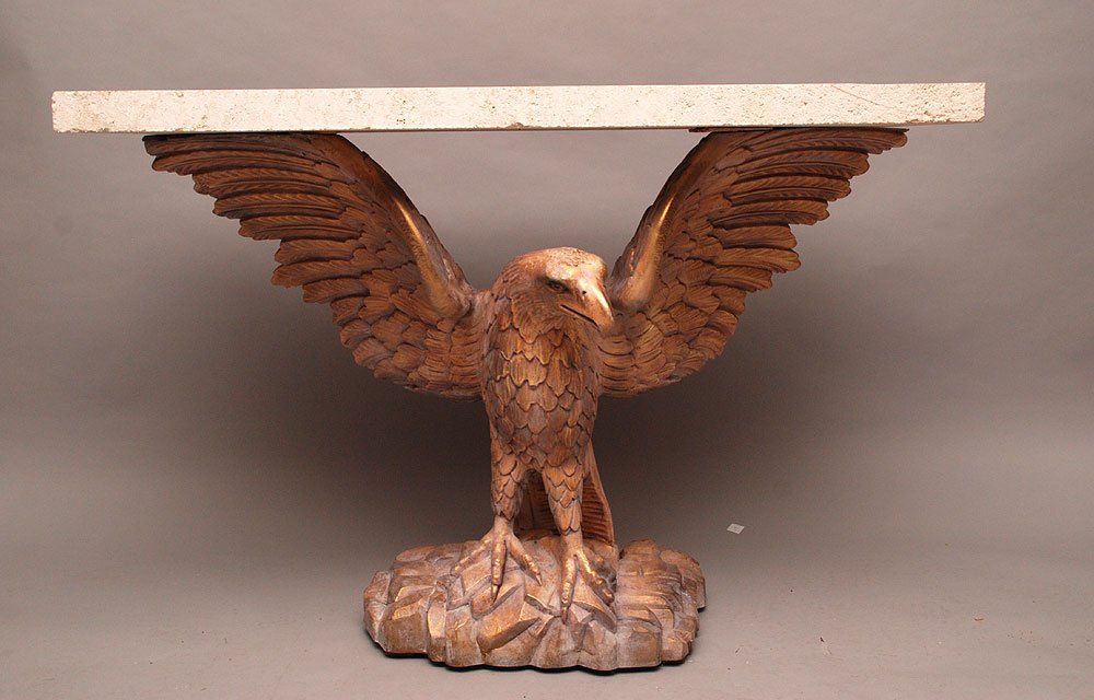 Large carved wood Eagle, base slightly white washed,: Large carved wood Eagle, base slightly white washed, travertine stone top