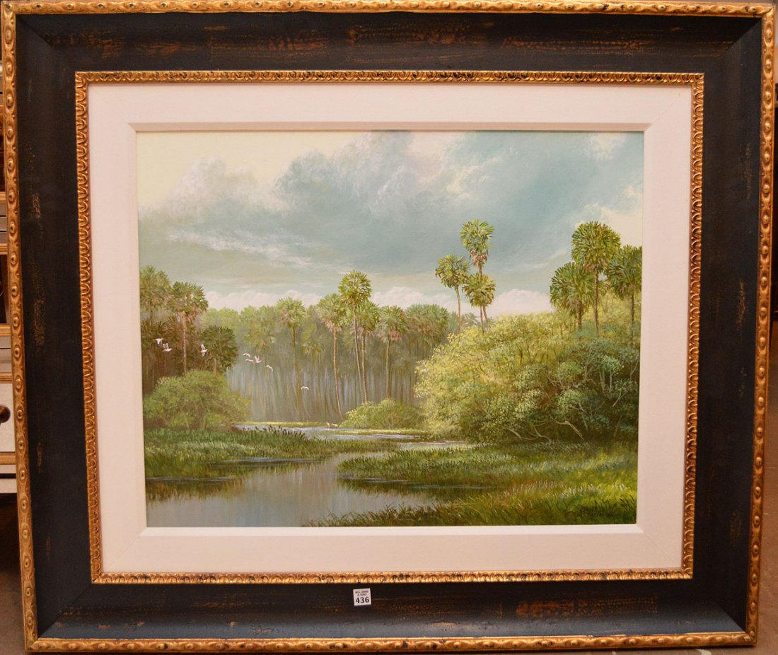 ROBERT BUTLER FLORIDA HIGHWAYMEN - WETLAND SCENE Large: ROBERT BUTLER FLORIDA HIGHWAYMEN - WETLAND SCENE Large Florida Landscape, oil on canvas by Florida Highwaymen artist Robert Butler (American, b. 1943). Signed & dated '80 lower right, 24" x 30"