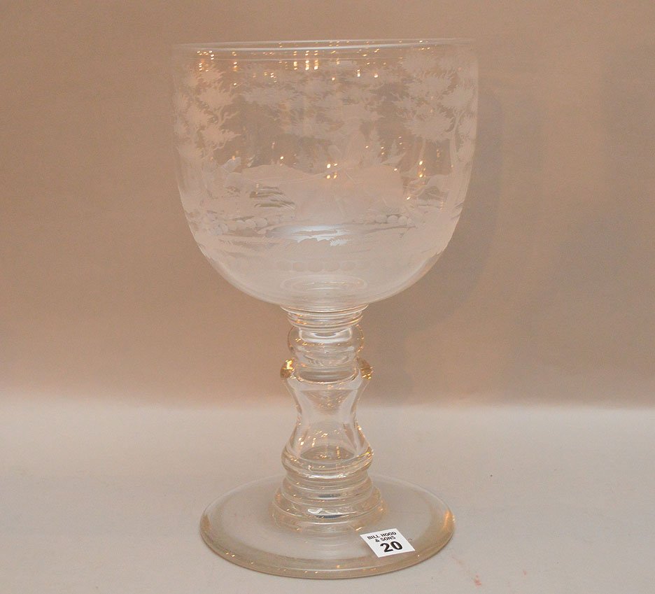 19th Century Oversized chalice with etched hunt scene: 19th Century Oversized chalice with etched hunt scene on stepped and knob pedestal, hand blown rough pontil, engraved 1807, 12 1/4"h x 7 1/8"d (nice wear to bottom rim)