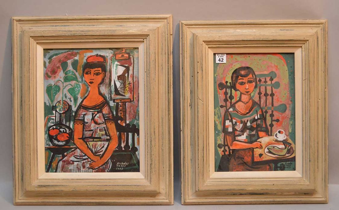 2 Watercolor/Gouache Paintings: Nicholas Takis: 2 Watercolor/Gouache Paintings: Nicholas Takis (AMERICAN, NY, 1903-1965) Modern-figures of Girls, one is 12-1/2" x 9-1/2" sight. Other is 12" x 8"sight
