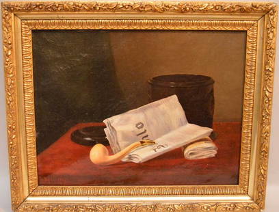 Attributed to William Michael Harnett (American 1848 -: Attributed to William Michael Harnett (American 1848 - 1892) oil on canvas, Still life w/ pipe, 15" x 11-1/2"