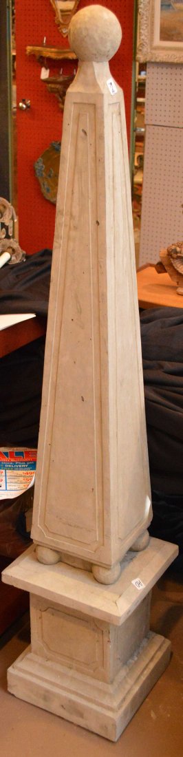 Pair of cement garden obelisks, 60"h (2 pieces) (one: Pair of cement garden obelisks, 60"h (2 pieces) (one needs repair of ball loose on top)
