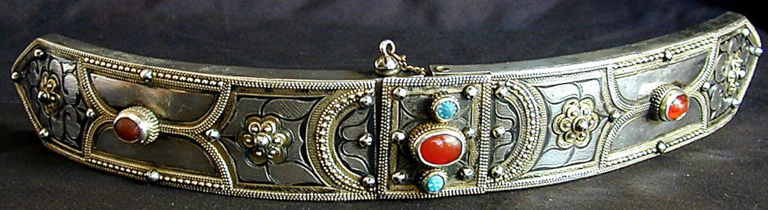 19thc Silver Islamic Russian Caucasian Belt Buckle: 19thc Silver Islamic Russian Caucasian Belt Buckle Formed of 2 detachable parts made of various metals including silver, niello, brass and other metal; the outer face overlaid with an engraved sheet o
