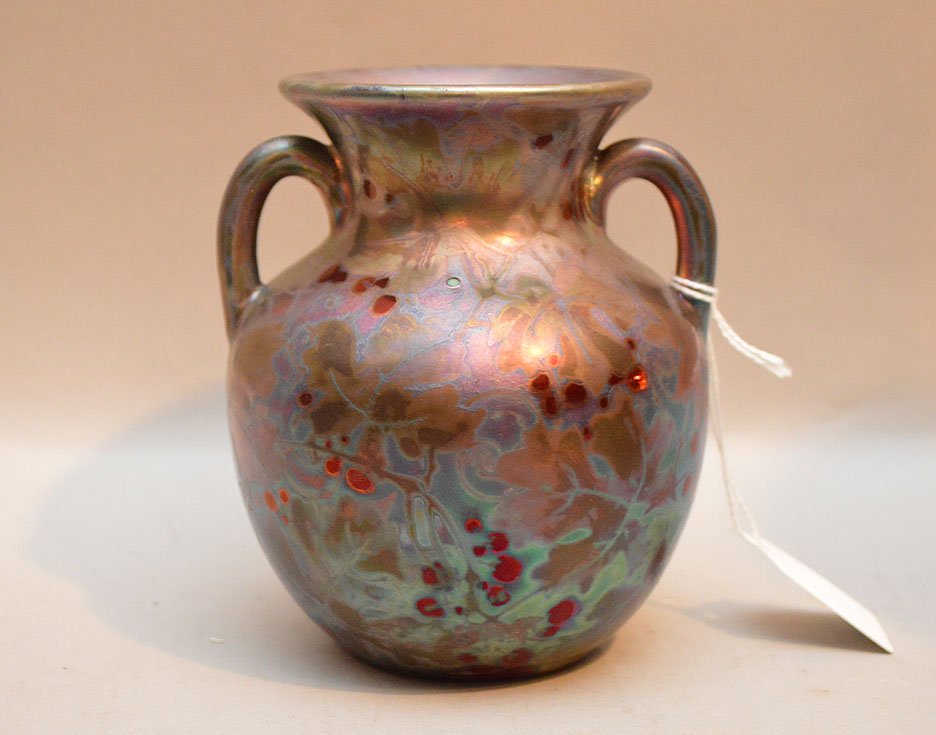 Clement Massier Luster Pottery Vase with handles.: Clement Massier Luster Pottery Vase with handles. Condition: good. Signed on the bottom. Ht. 5 1/2"