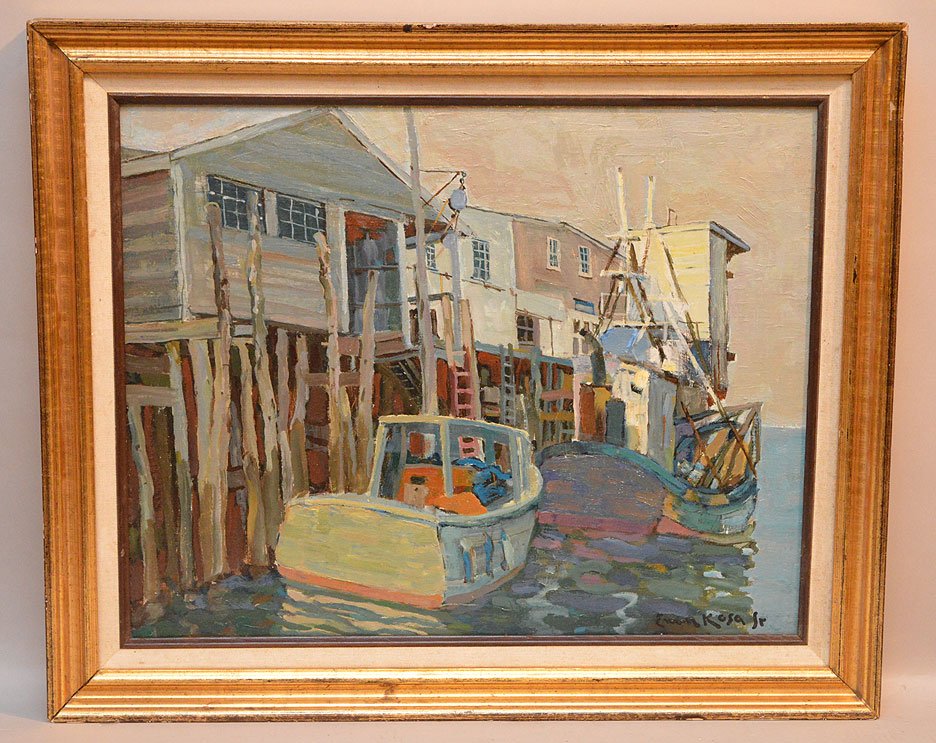 Emil Jean Kosa, Sr. (American 1876 - 1955) - oil on: Emil Jean Kosa, Sr. (American 1876 - 1955) - oil on artist's canvas board, California fishing boats- possibly San Pedro, measuring approx. 16" x 20"