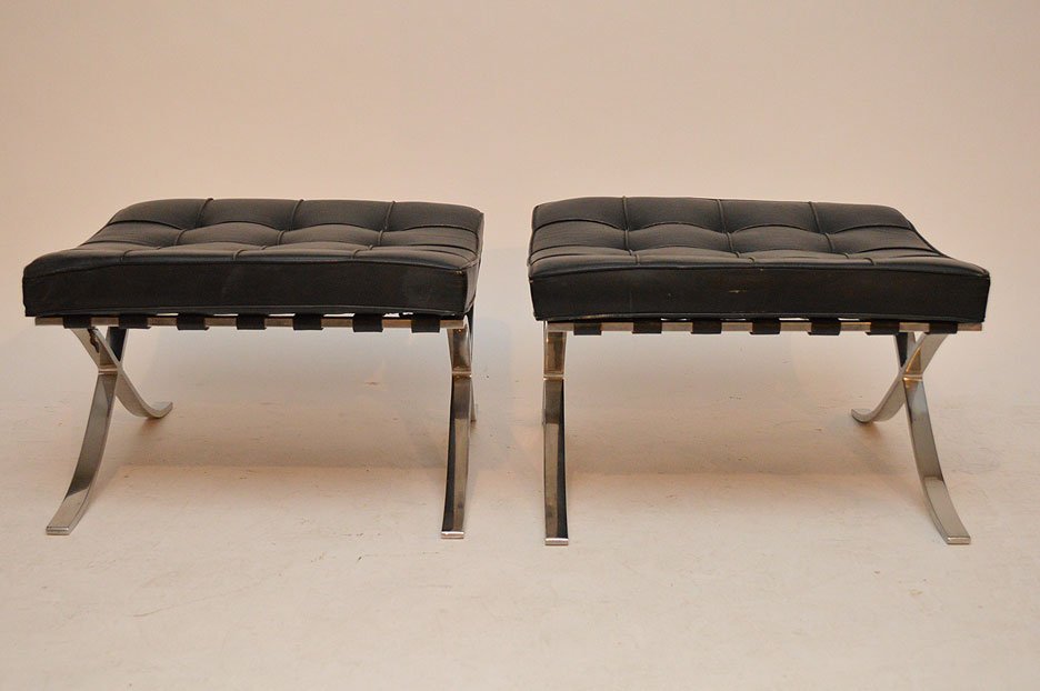 Pair of Vintage Original Mies Van Der Rohe Barcelona: Pair of Vintage Original Mies Van Der Rohe Barcelona ottomans, label reads, "Knoll Associates Inc, 320 Park Avenue, New York, NY 10022"
