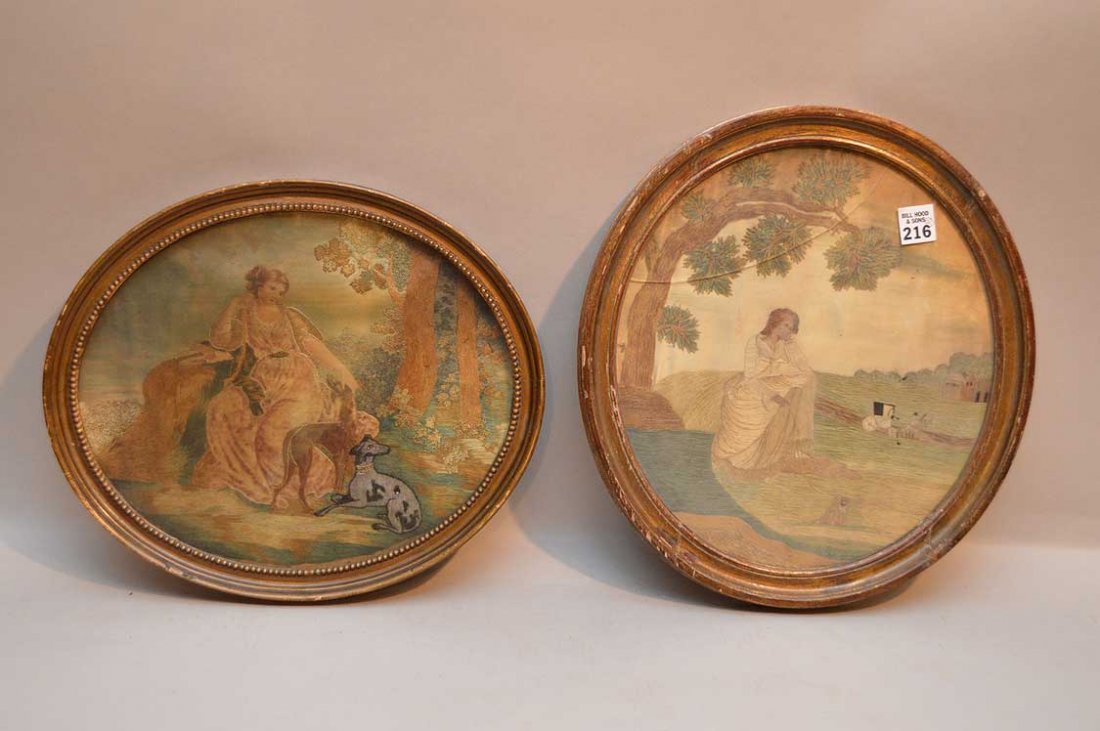 Two 19th c. English needlework framed pictures, painted: Two 19th c. English needlework framed pictures, painted faces, numerous style stitches (one cracked glass)