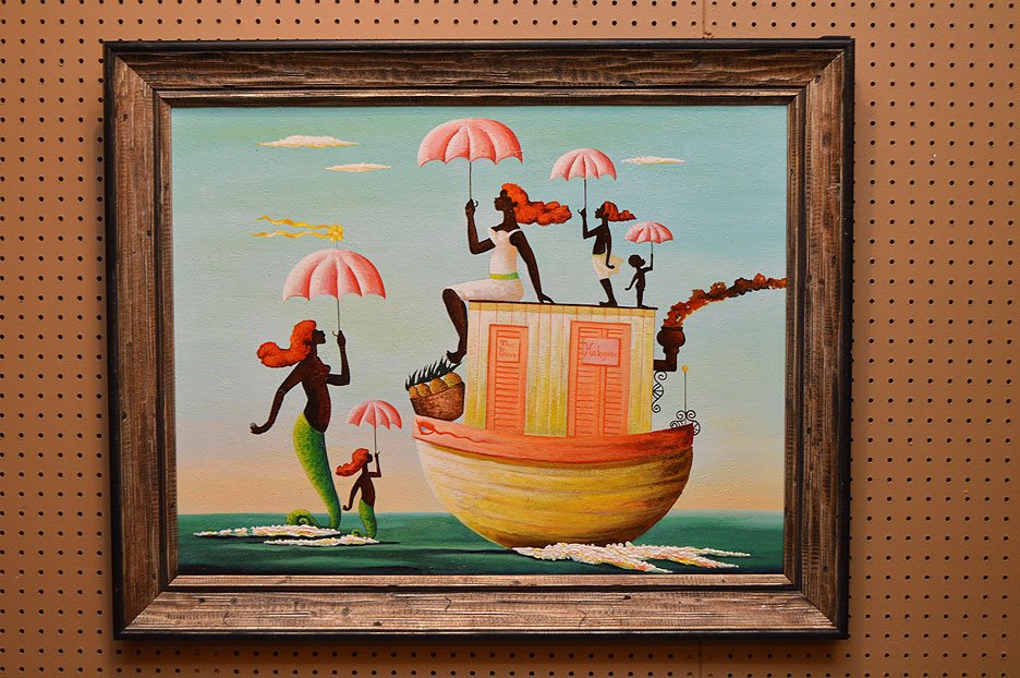 Painting in the Style of Orville Bulman, oil on: Painting in the Style of Orville Bulman, oil on masonite board, boat and figures, 24" x 31"