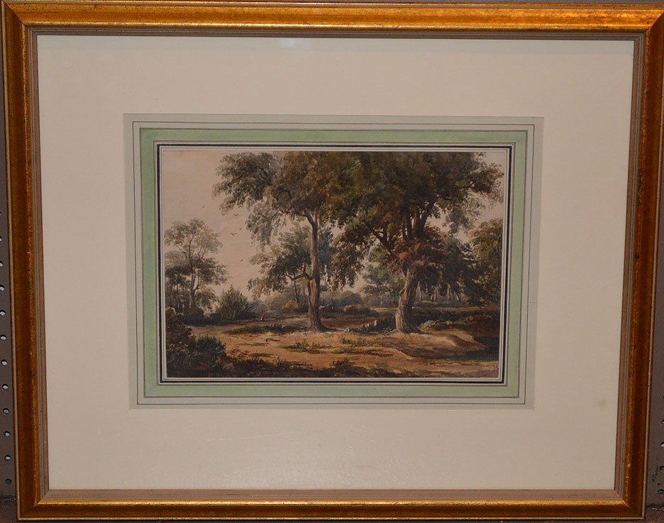 Attributed to John Constable (United Kingdom 1776 -: Attributed to John Constable (United Kingdom 1776 - 1837) ; watercolor signed "J C" extensive list of exhibition / gallery stickers, verso, 9" x 12-1/2" sight