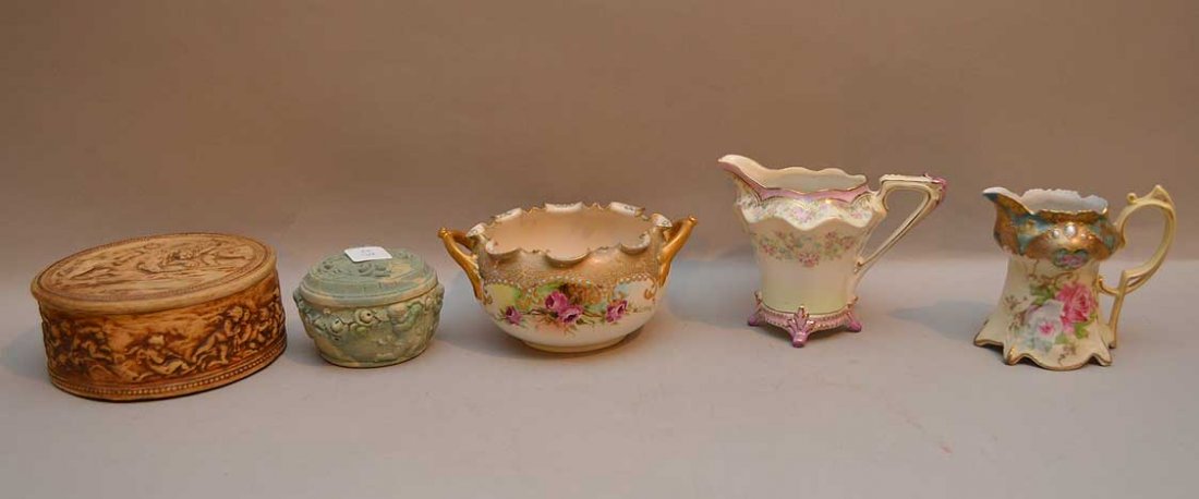Lot 6 Pieces Assorted Porcelain. Teplitz Vase Ht. 9".: Lot 6 Pieces Assorted Porcelain. Teplitz Vase Ht. 9". Belleek Bowl Dai. 6 1/2". 2 R.S. Prussia Creamers Larger Lth. 6" Smaller Lth. 4 3/4". Larger Box Dia 6" Smaller Box Dia. 3"