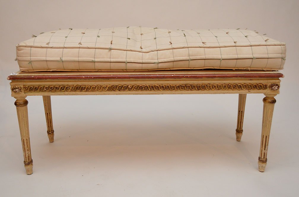 Louis XVI style chippy painted bench with loose custom (1 of 2)