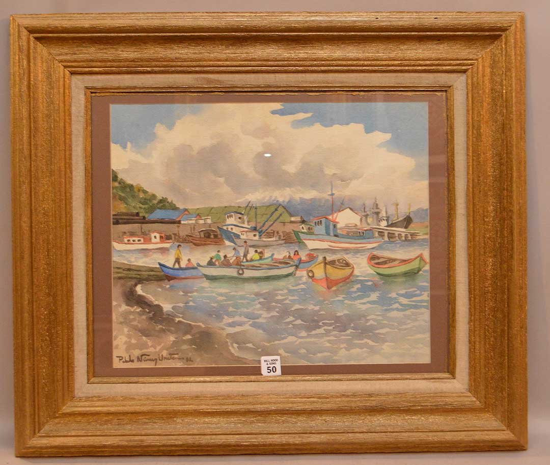 20th Century watercolor painting of Boats & figures in (1 of 5)