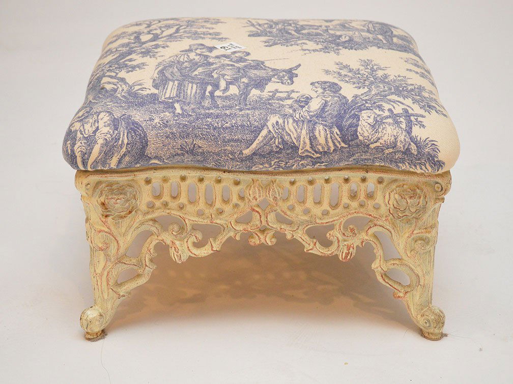 Antique iron frame foot stool with toile fabric (1 of 4)