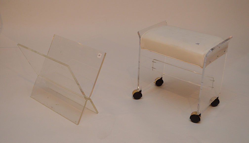 2 lucite pieces, rolling stool and magazine rack (1 of 2)