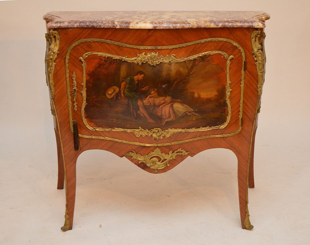 French commode, 3 painted panels with ormolu mounts, (1 of 5)