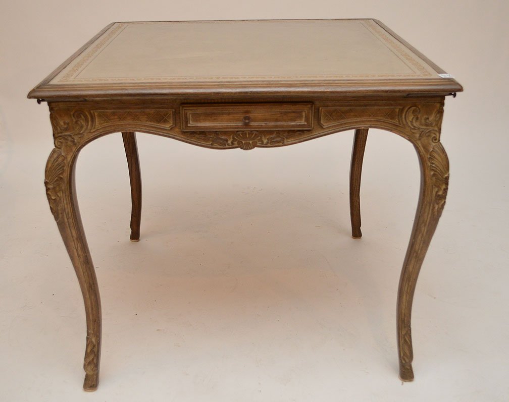 French style card table, grey tone with leather top, (1 of 7)