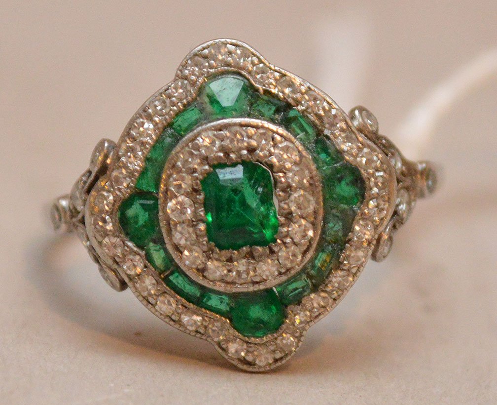 Ladies Art Deco ring, platinum, emerald and diamond, (1 of 2)