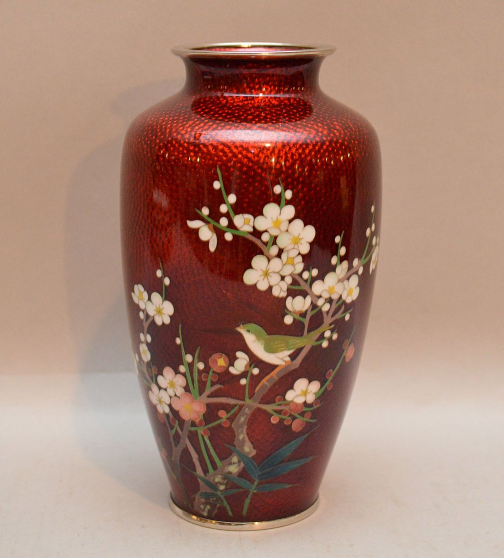 Japanese cloisonné red vase, 7 1/2"h (1 of 5)