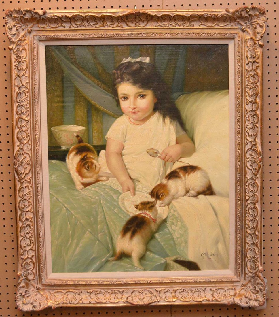George Vuillard (France 1956 - ) oil on board "Little: George Vuillard (France 1956 - ) oil on board "Little Girl with cats" canvas sizes 30" x 24"