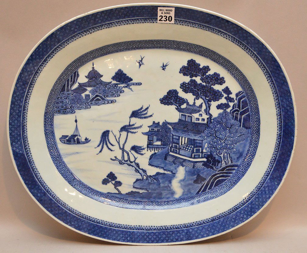 Large Chinese blue and white platter, house boat, water (1 of 3)