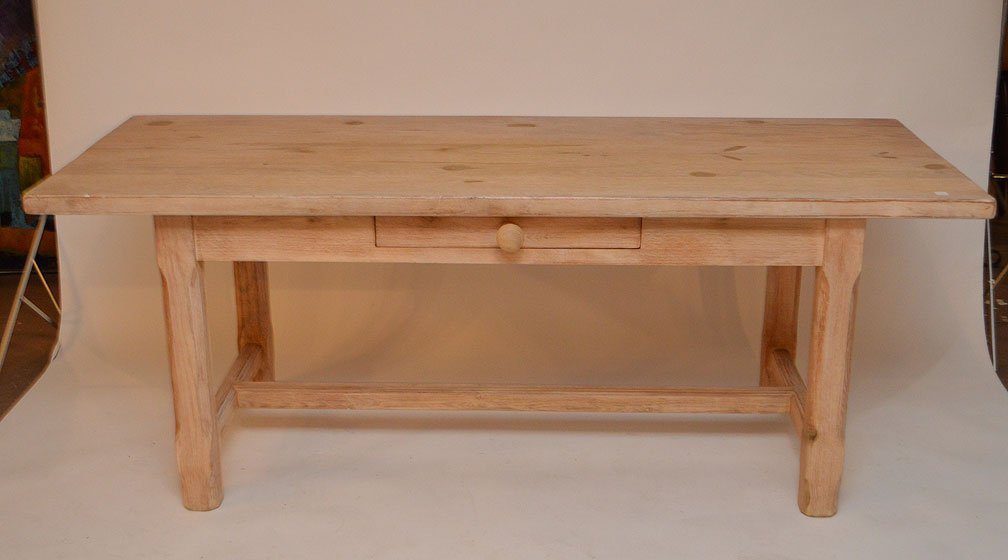 Bleached pine wood farm table with single drawer, 30"h (1 of 4)