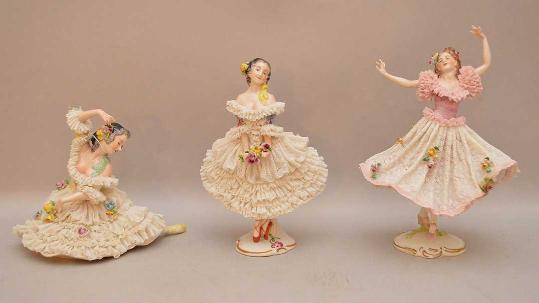3 German porcelain dancers in lace, 5 7/8"h (1 of 9)