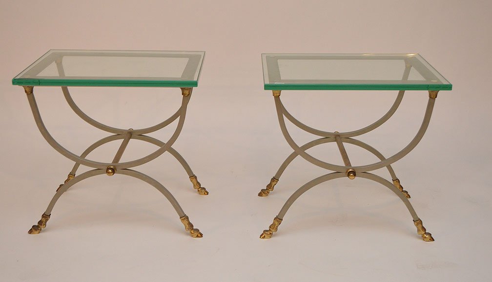 Pair steel and brass curule form end tables, hoof feet, (1 of 5)
