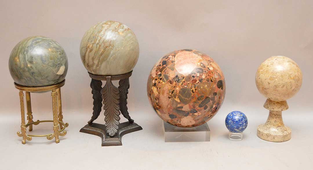 5 round marble orbs on assorted bases, 2 3/4"h to 7 (1 of 3)
