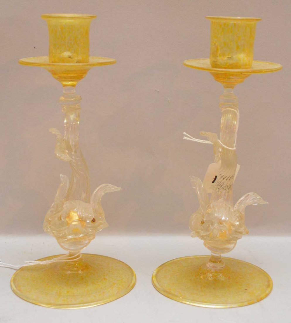 Pair Venetian Glass Figural Dolphin Candlesticks. (1 of 3)