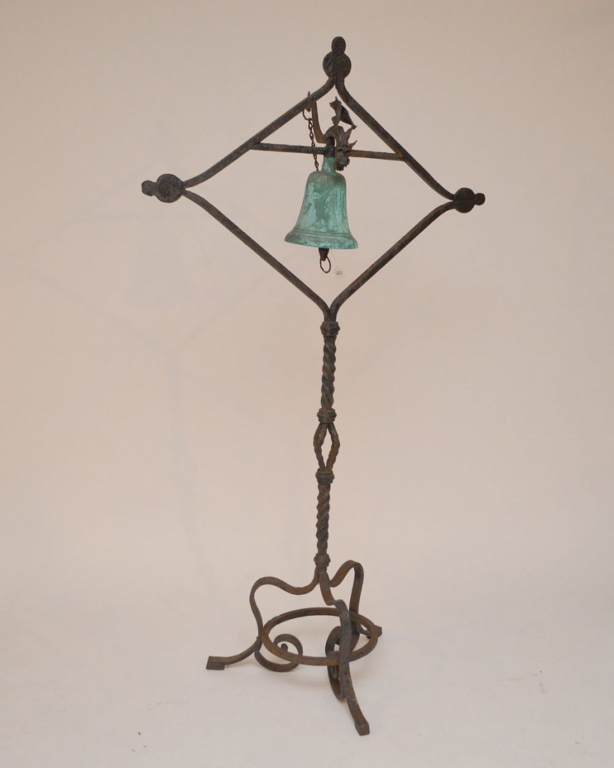 Antique Mizner form iron and bronze bell, dragon motif, (1 of 3)