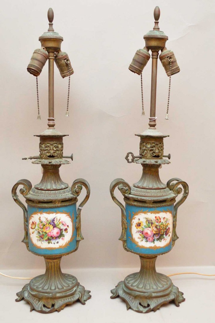 Pair of French ornate bronze and porcelain lamps with (1 of 7)