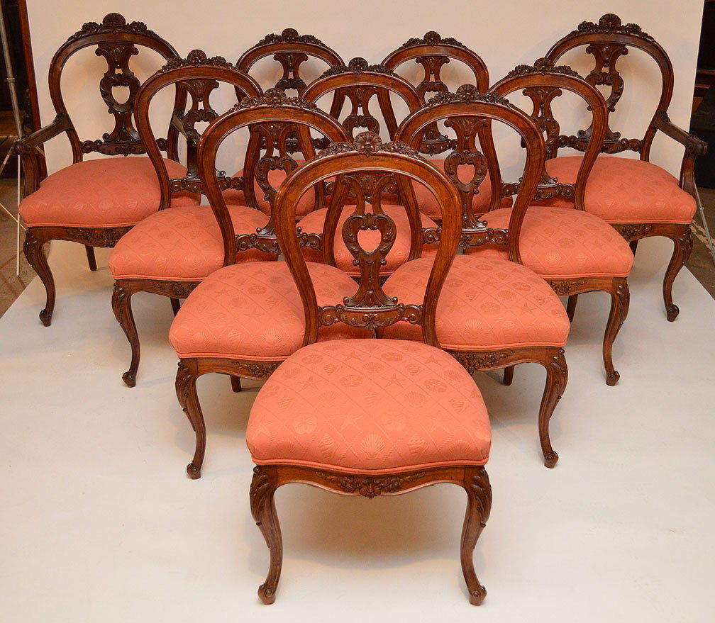 10 carved dining chairs (2) arm (8) side, circa 1880's (1 of 3)