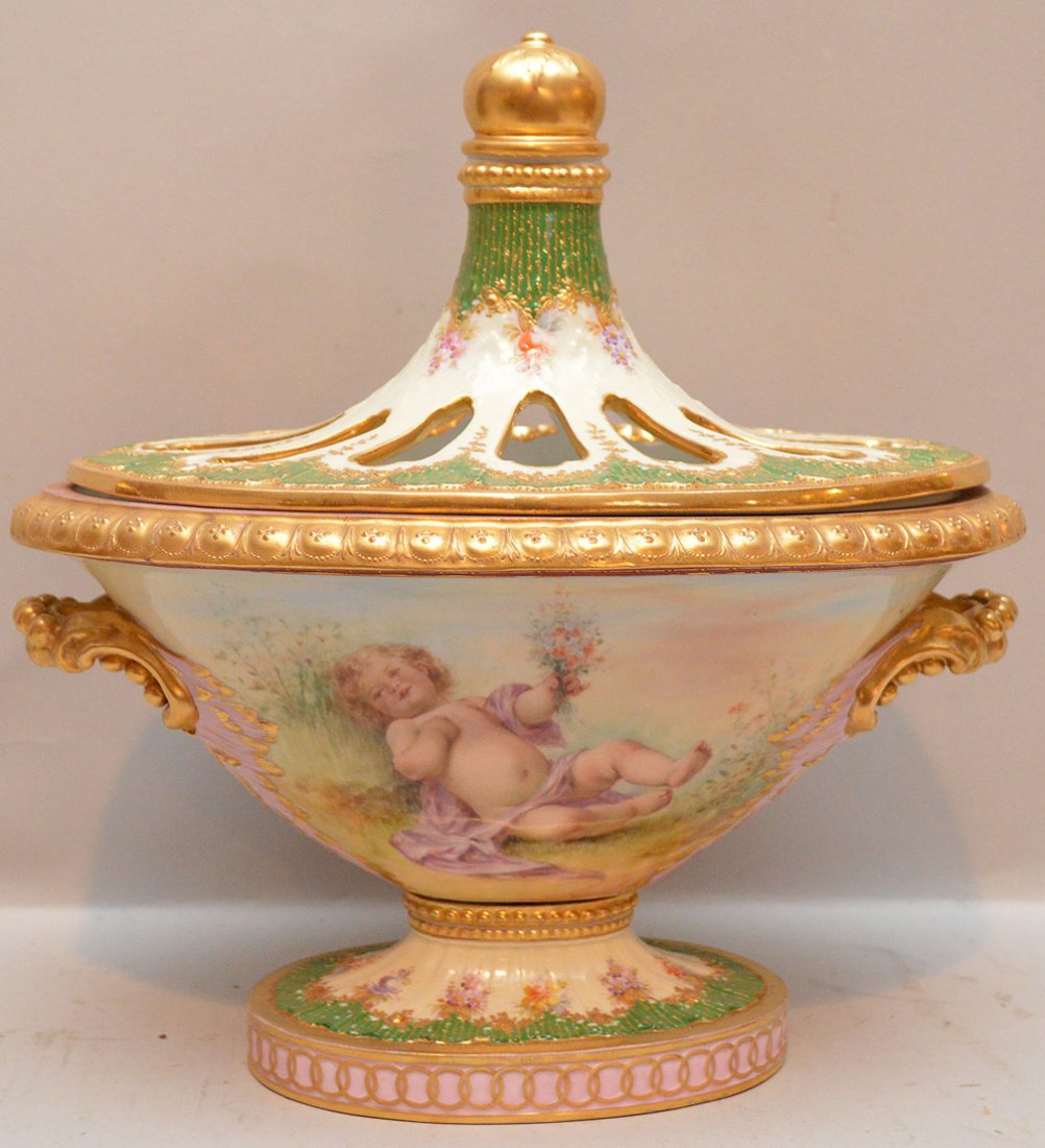 KPM porcelain covered oval pedestal potpourri bowl with (1 of 8)